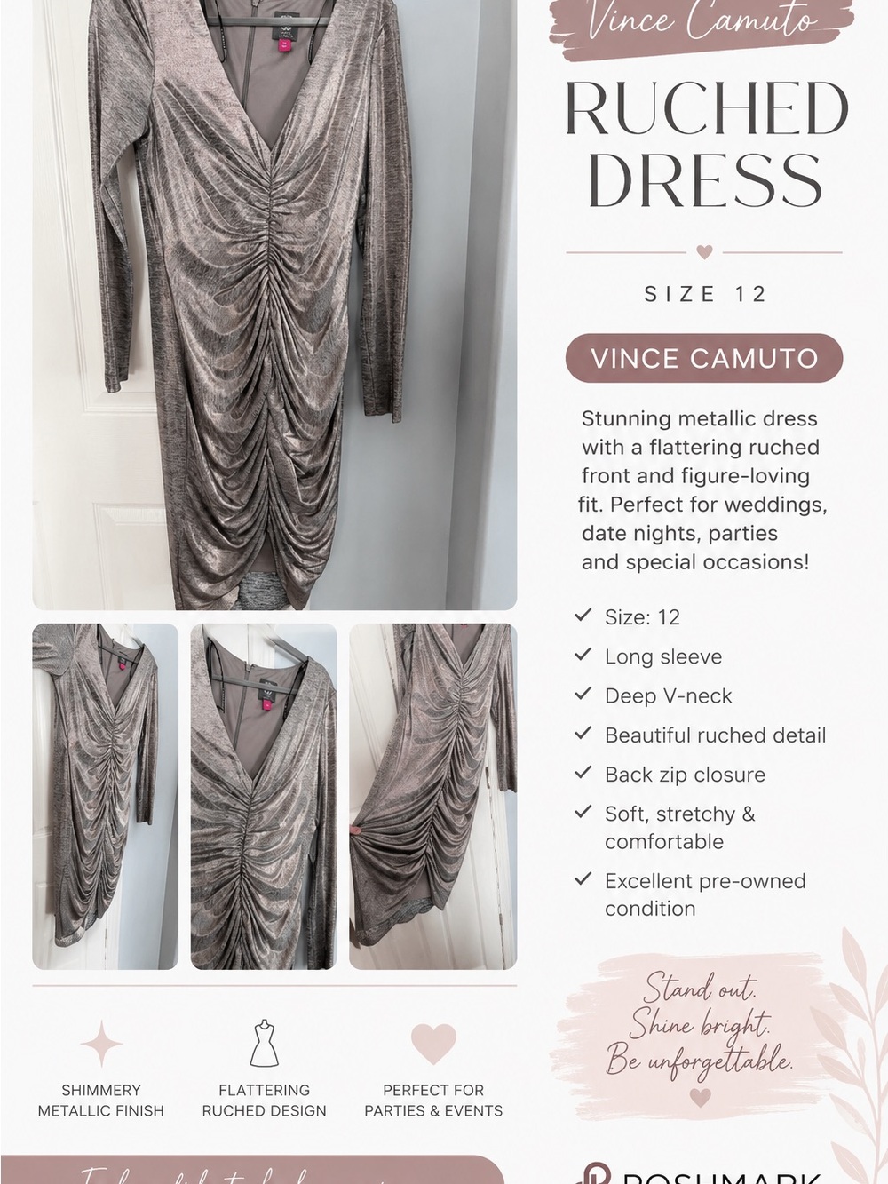 Vince Camuto Metallic Ruched Cocktail Dress – Size 12